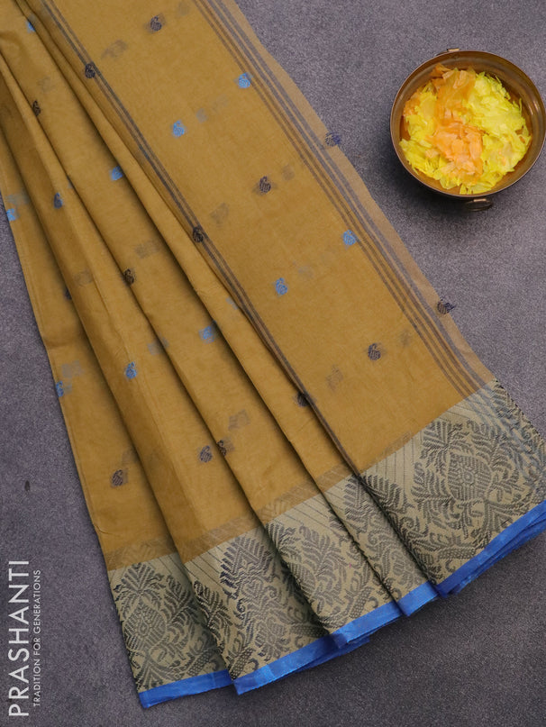 Bengal cotton saree dark sandal and cs blue with thread woven buttas and thread woven border without blouse