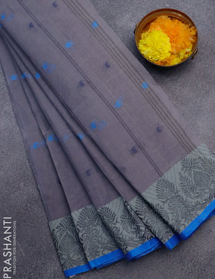 Bengal cotton saree grey and cs blue with thread woven buttas and thread woven border without blouse