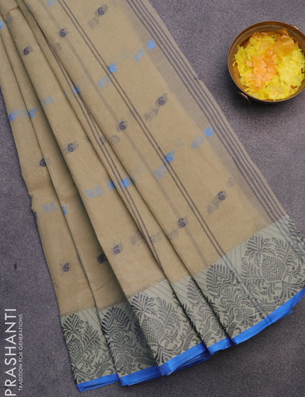 Bengal cotton saree beige and cs blue with thread woven buttas and thread woven border without blouse