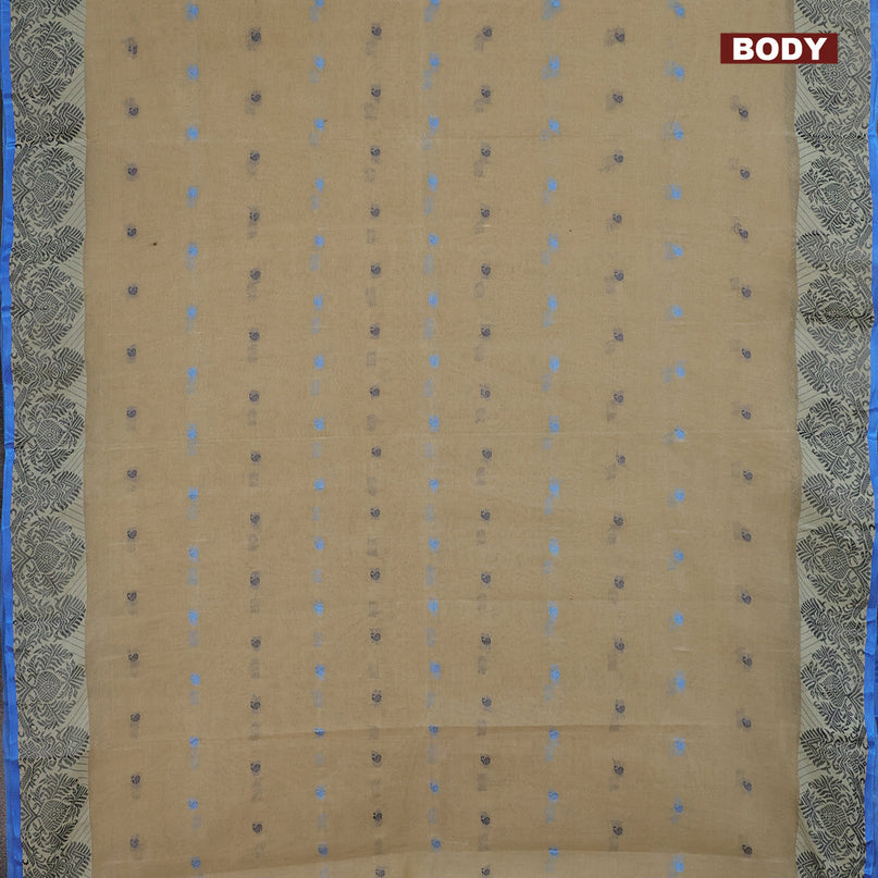 Bengal cotton saree beige and cs blue with thread woven buttas and thread woven border without blouse