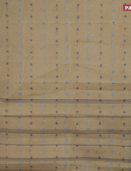 Bengal cotton saree beige and cs blue with thread woven buttas and thread woven border without blouse