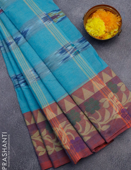 Bengal cotton saree teal blue and maroon shade with ikat weaves and thread woven border without blouse