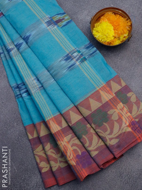 Bengal cotton saree teal blue and maroon shade with ikat weaves and thread woven border without blouse