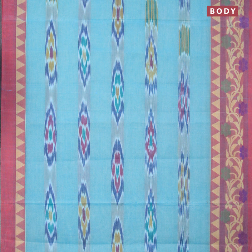 Bengal cotton saree teal blue and maroon shade with ikat weaves and thread woven border without blouse