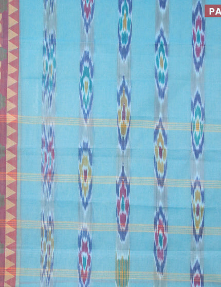 Bengal cotton saree teal blue and maroon shade with ikat weaves and thread woven border without blouse