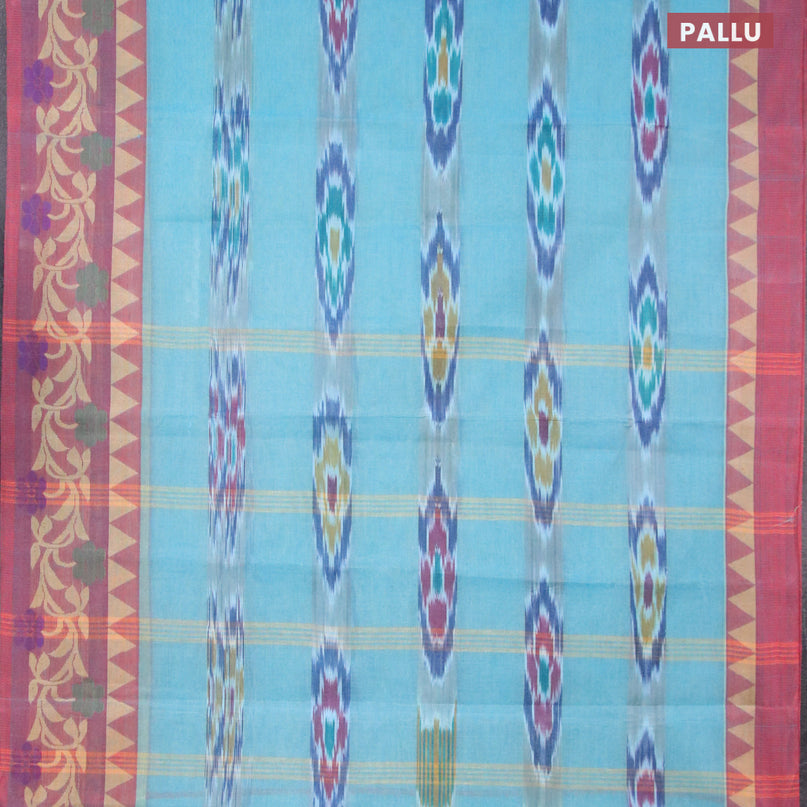 Bengal cotton saree teal blue and maroon shade with ikat weaves and thread woven border without blouse