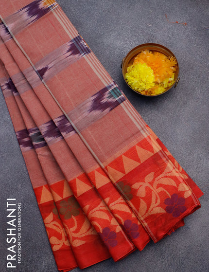 Bengal cotton saree maroon shade and red with ikat weaves and thread woven border without blouse