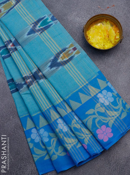 Bengal cotton saree teal blue and cs blue with ikat weaves and thread woven border without blouse