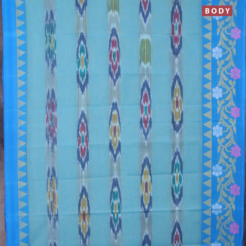 Bengal cotton saree teal blue and cs blue with ikat weaves and thread woven border without blouse