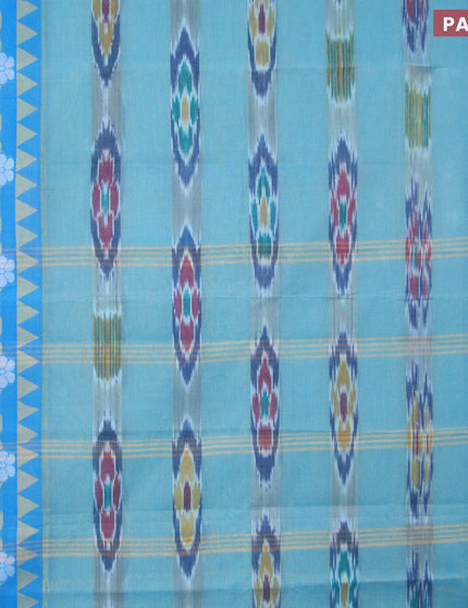 Bengal cotton saree teal blue and cs blue with ikat weaves and thread woven border without blouse