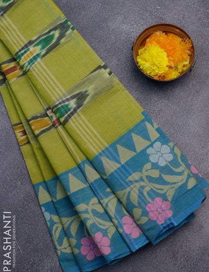 Bengal cotton saree light green and dual shade of cs blue with ikat weaves and thread woven border without blouse