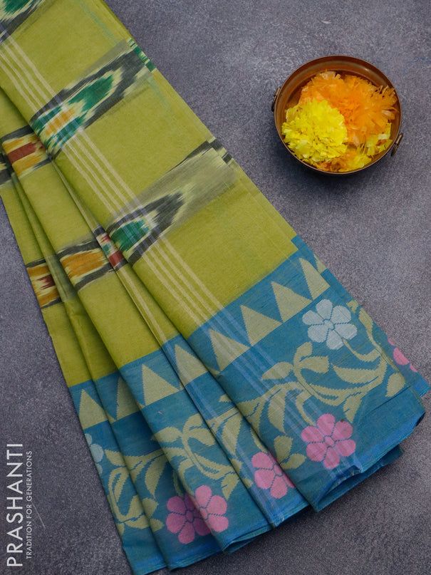 Bengal cotton saree light green and dual shade of cs blue with ikat weaves and thread woven border without blouse