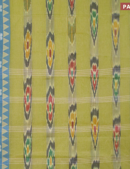 Bengal cotton saree light green and dual shade of cs blue with ikat weaves and thread woven border without blouse