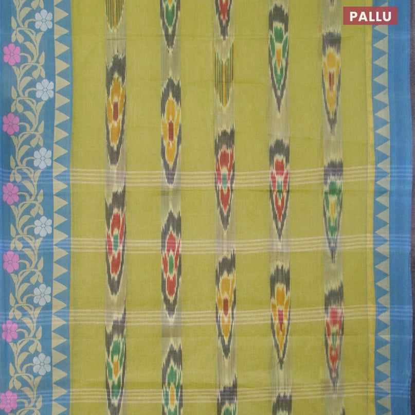 Bengal cotton saree light green and dual shade of cs blue with ikat weaves and thread woven border without blouse