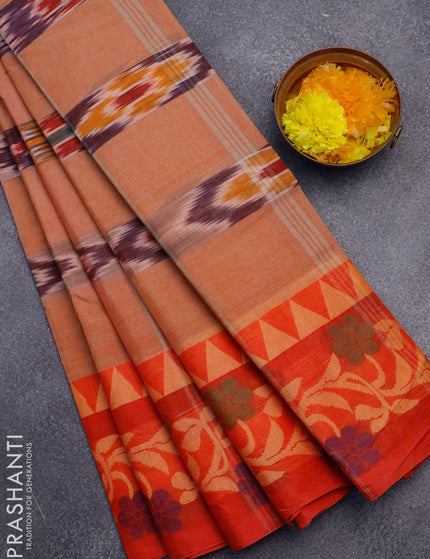 Bengal cotton saree rust shade and orange with ikat weaves and thread woven border without blouse