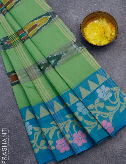 Bengal cotton saree light green and teal blue with ikat weaves and thread woven border without blouse