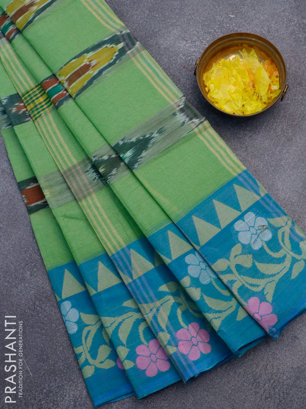 Bengal cotton saree light green and teal blue with ikat weaves and thread woven border without blouse