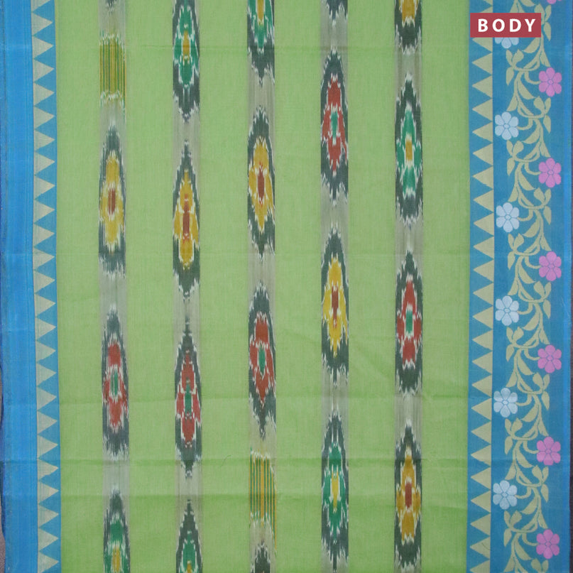 Bengal cotton saree light green and teal blue with ikat weaves and thread woven border without blouse