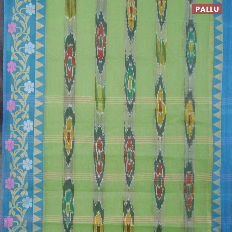 Bengal cotton saree light green and teal blue with ikat weaves and thread woven border without blouse