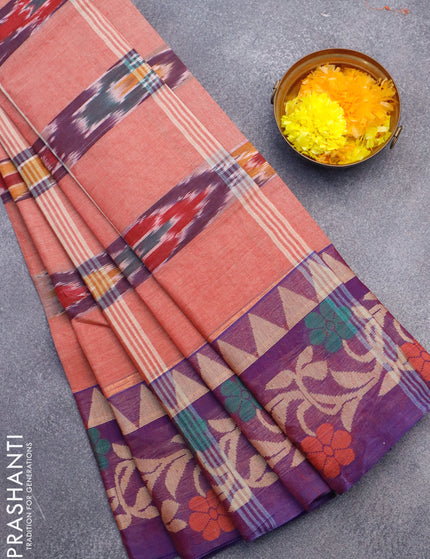 Bengal cotton saree maroon shade and blue with ikat weaves and thread woven border without blouse