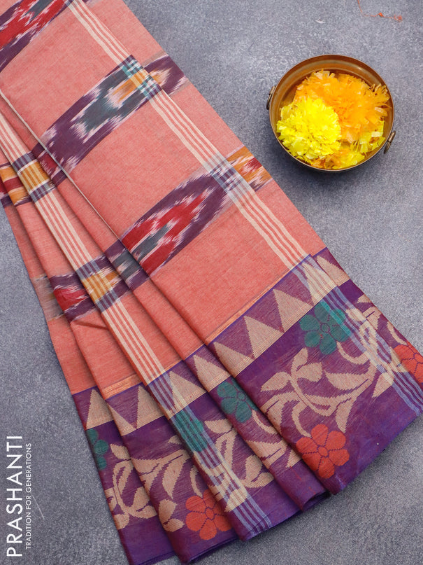 Bengal cotton saree maroon shade and blue with ikat weaves and thread woven border without blouse