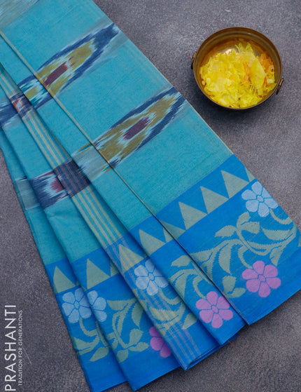 Bengal cotton saree teal blue and cs blue with ikat weaves and thread woven border without blouse