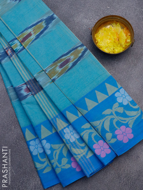 Bengal cotton saree teal blue and cs blue with ikat weaves and thread woven border without blouse