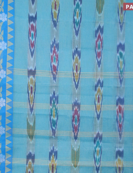 Bengal cotton saree teal blue and cs blue with ikat weaves and thread woven border without blouse