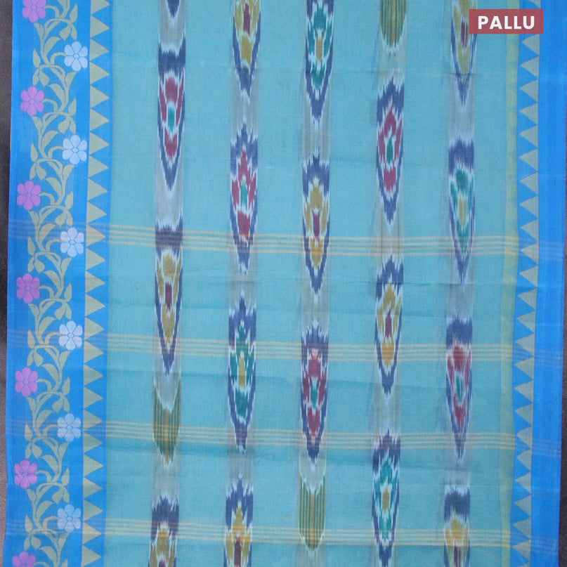 Bengal cotton saree teal blue and cs blue with ikat weaves and thread woven border without blouse