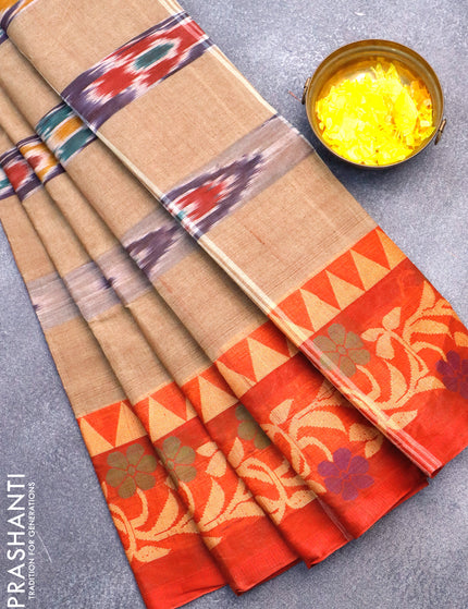 Bengal cotton saree chikku shade and red with ikat weaves and thread woven border without blouse