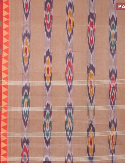 Bengal cotton saree chikku shade and red with ikat weaves and thread woven border without blouse