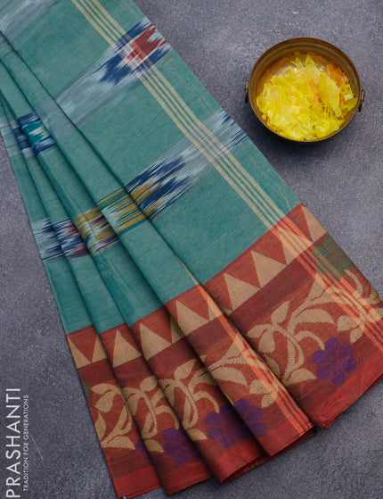 Bengal cotton saree teal green and maroon shade with ikat weaves and thread woven border without blouse