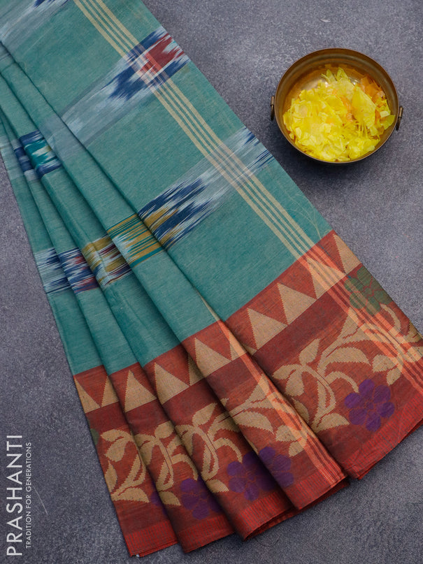 Bengal cotton saree teal green and maroon shade with ikat weaves and thread woven border without blouse