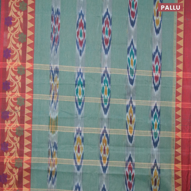 Bengal cotton saree teal green and maroon shade with ikat weaves and thread woven border without blouse