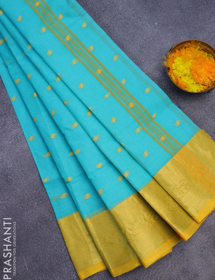 Bengal cotton saree teal blue and yellow with thread woven buttas and zari woven border without blouse