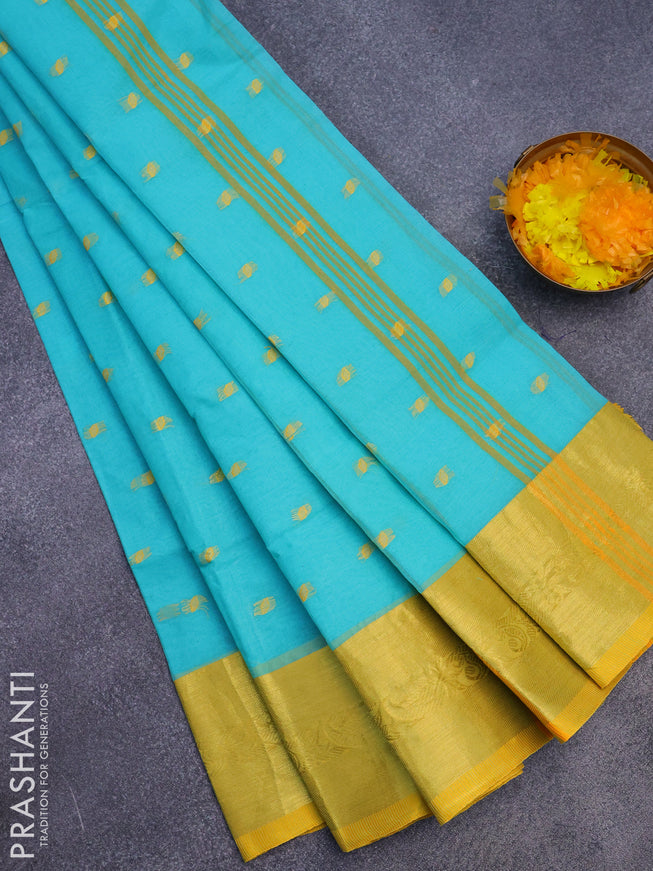 Bengal cotton saree teal blue and yellow with thread woven buttas and zari woven border without blouse