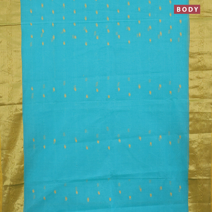 Bengal cotton saree teal blue and yellow with thread woven buttas and zari woven border without blouse