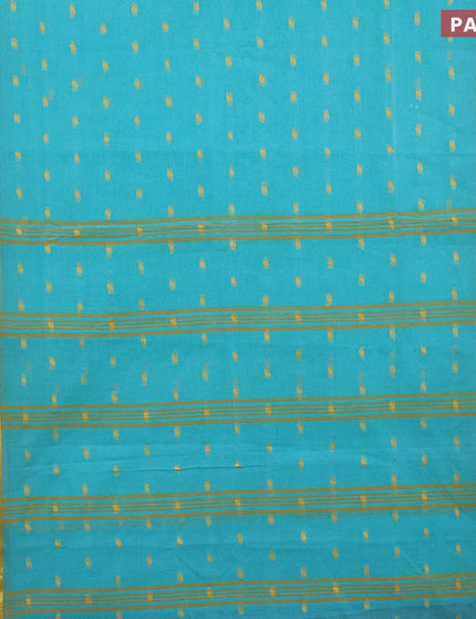 Bengal cotton saree teal blue and yellow with thread woven buttas and zari woven border without blouse