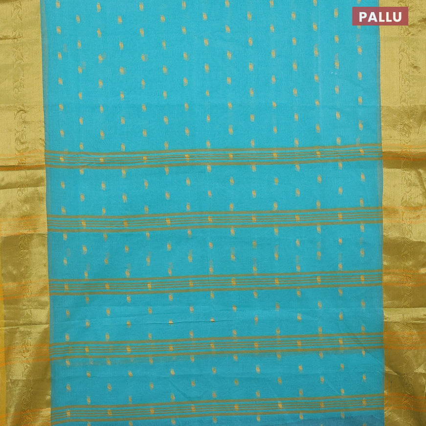 Bengal cotton saree teal blue and yellow with thread woven buttas and zari woven border without blouse