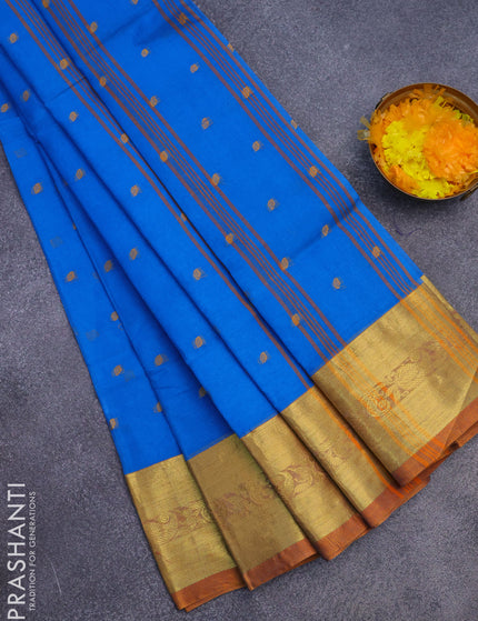 Bengal cotton saree cs blue and rust shade with thread woven buttas and zari woven border without blouse