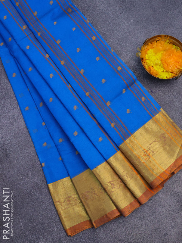 Bengal cotton saree cs blue and rust shade with thread woven buttas and zari woven border without blouse