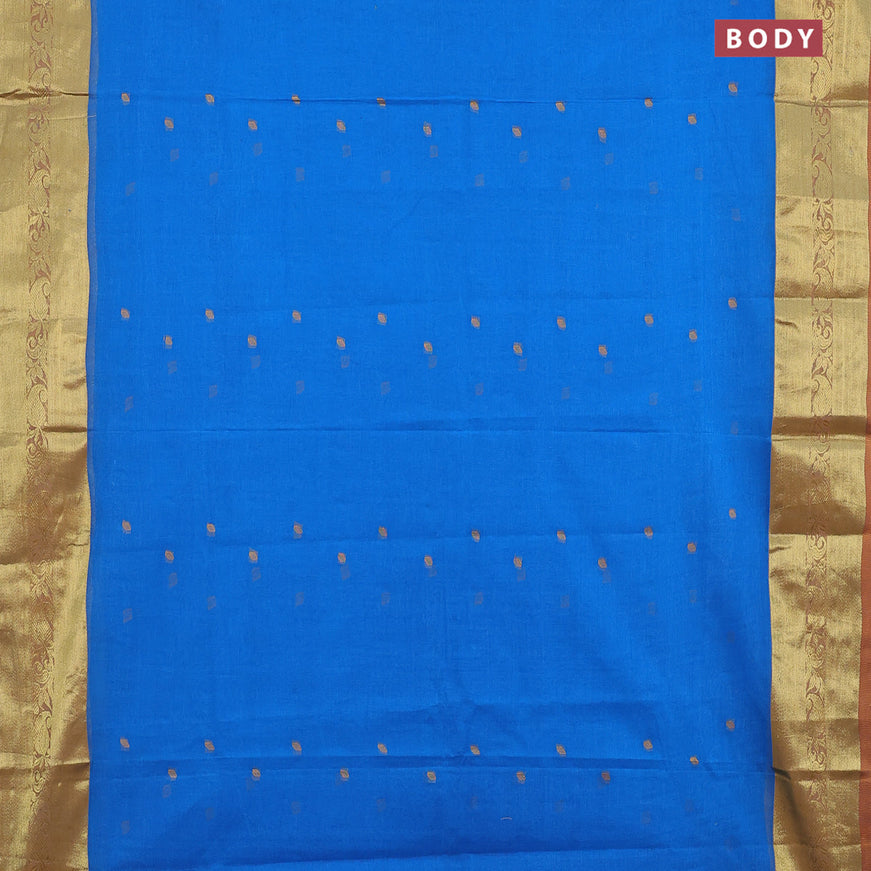 Bengal cotton saree cs blue and rust shade with thread woven buttas and zari woven border without blouse