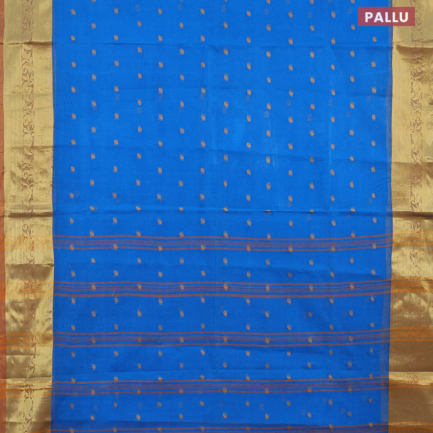 Bengal cotton saree cs blue and rust shade with thread woven buttas and zari woven border without blouse