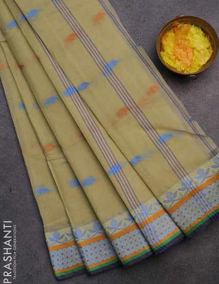 Bengal cotton saree elaichi green and blue with thread woven buttas and thread woven border without blouse