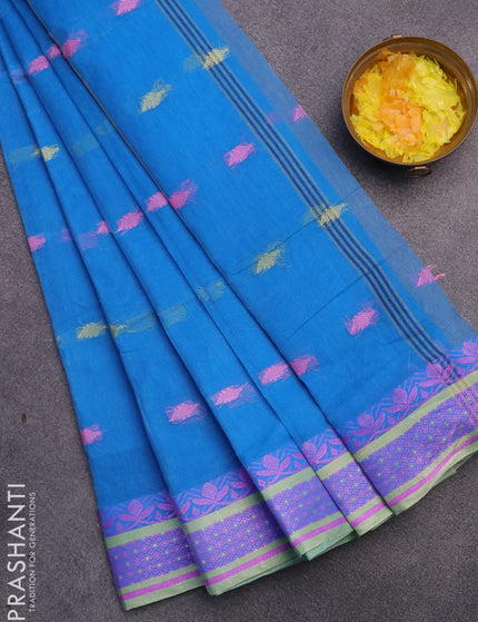 Bengal cotton saree cs blue with thread woven buttas and thread woven border without blouse