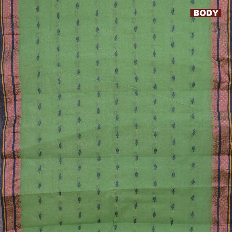 Bengal cotton saree green shade and blue with thread woven buttas and thread woven border without blouse