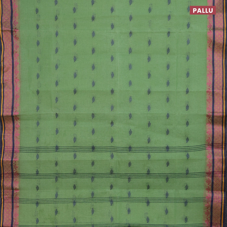 Bengal cotton saree green shade and blue with thread woven buttas and thread woven border without blouse