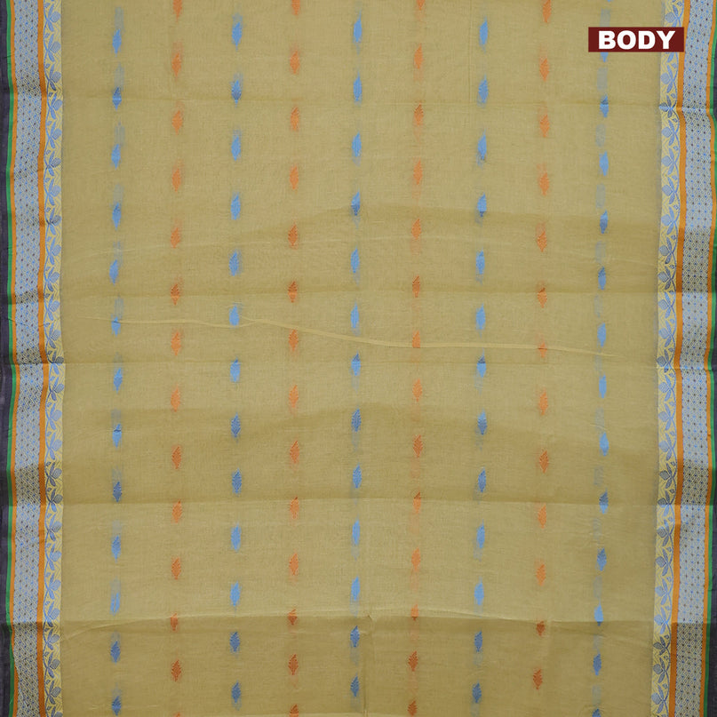 Bengal cotton saree elaichi green and blue with thread woven buttas and thread woven border without blouse