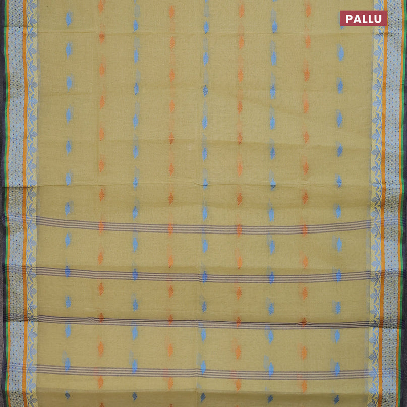 Bengal cotton saree elaichi green and blue with thread woven buttas and thread woven border without blouse