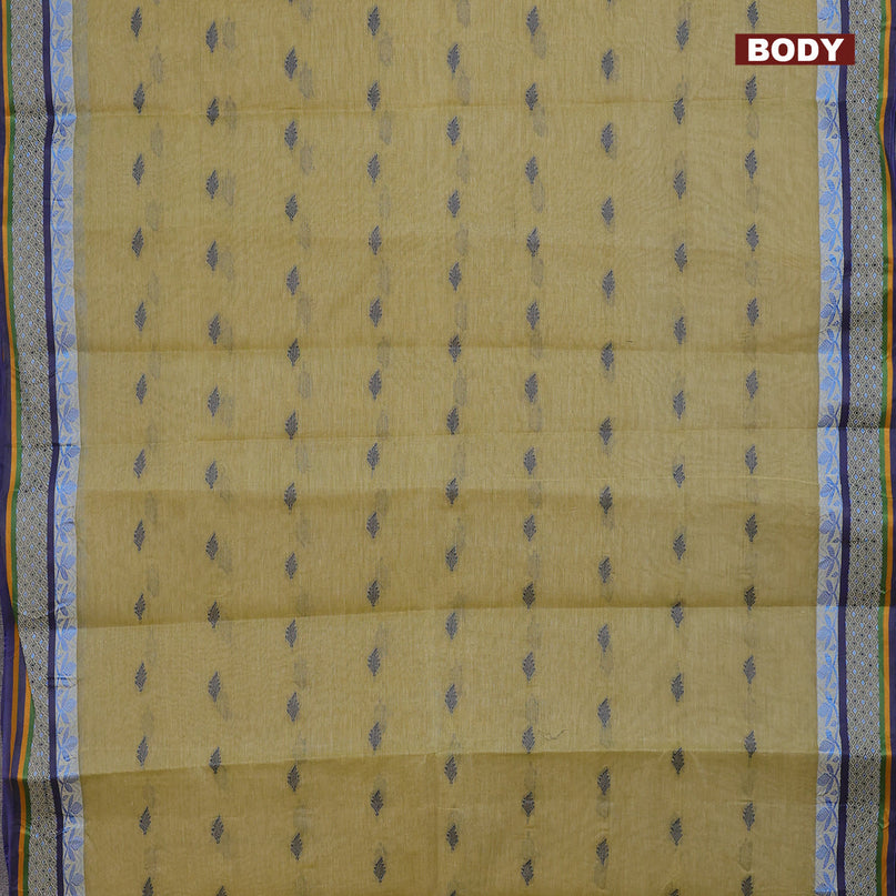 Bengal cotton saree elaichi green and blue with thread woven buttas and thread woven border without blouse